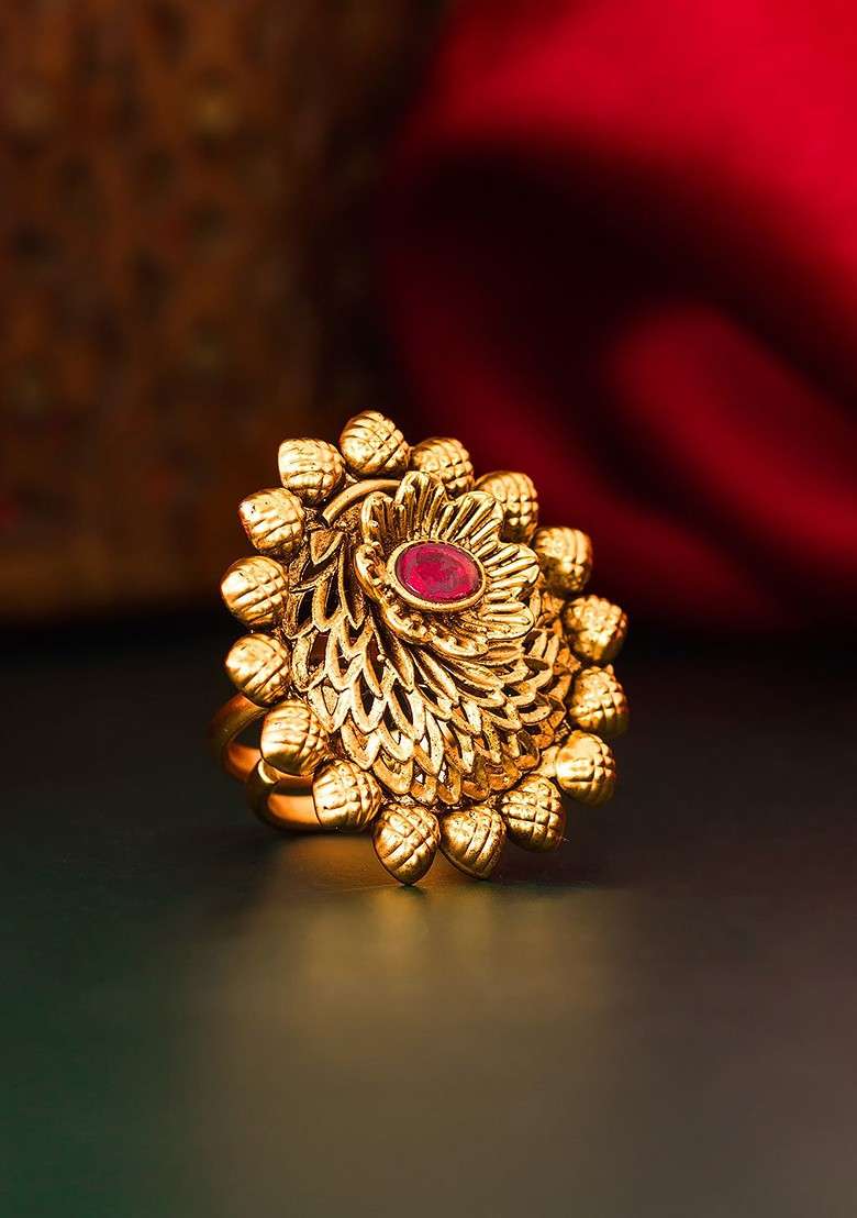 Gold Plated And Pink Ad Studded Adjustable Finger Ring - Indya