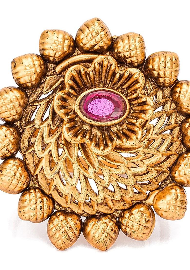 Gold Plated And Pink Ad Studded Adjustable Finger Ring