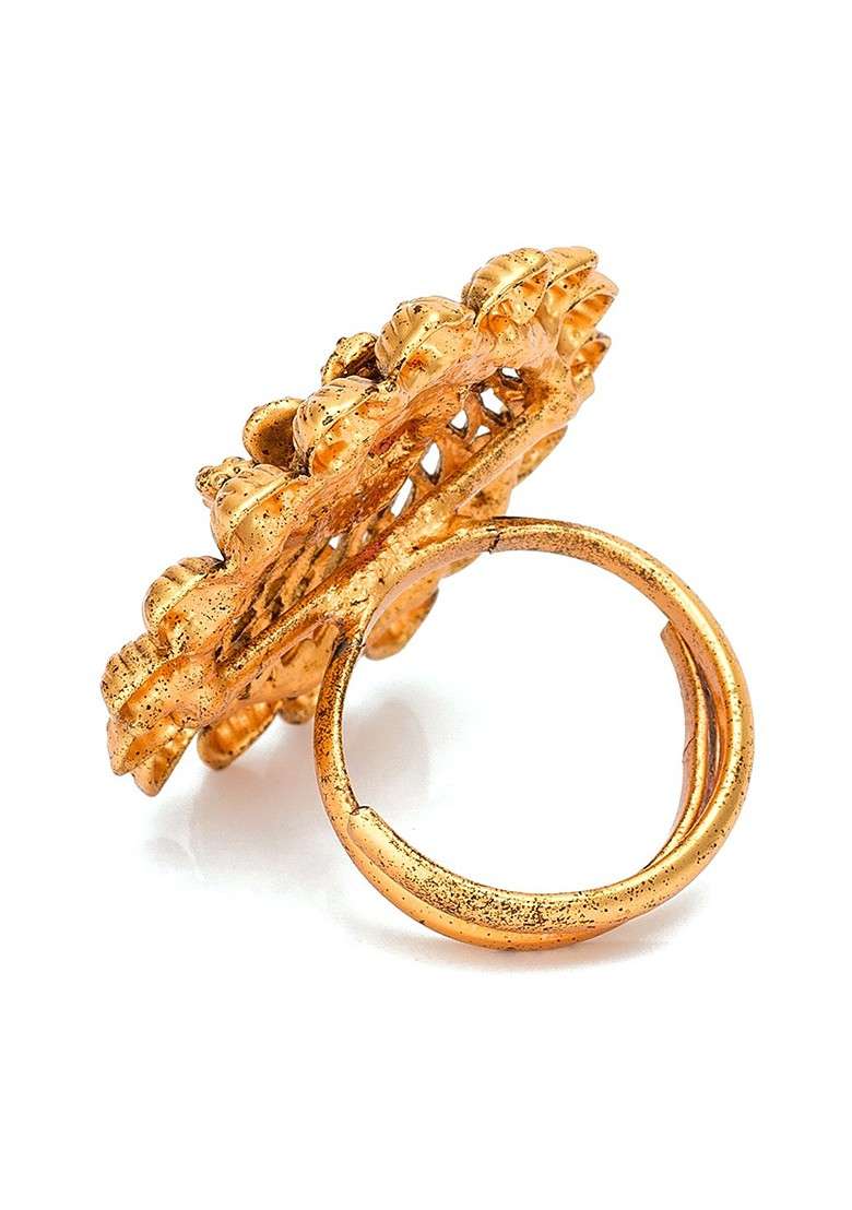 Gold Plated And Pink Ad Studded Adjustable Finger Ring - Indya
