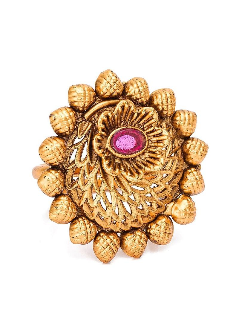 Gold Plated And Pink Ad Studded Adjustable Finger Ring