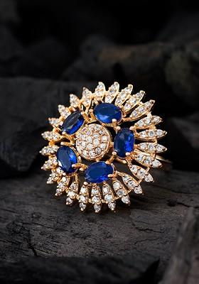 Gold Plated Rose Gold Toned White And Blue Ad Studded Adjustable Finger Ring