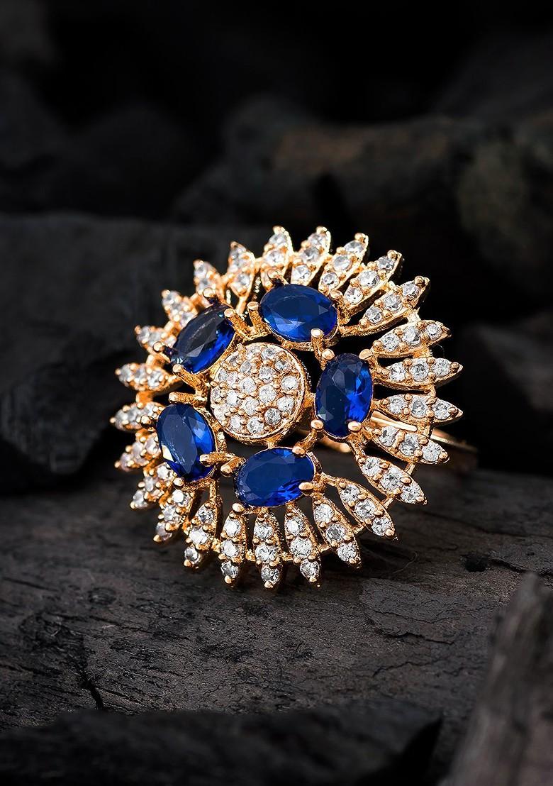 Gold Plated Rose Gold Toned White And Blue Ad Studded Adjustable Finger Ring