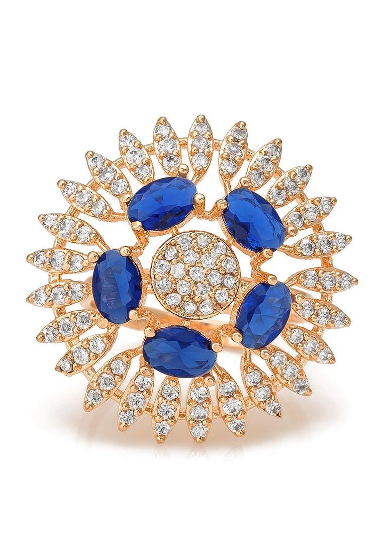 Gold Plated Rose Gold Toned White And Blue Ad Studded Adjustable Finger Ring