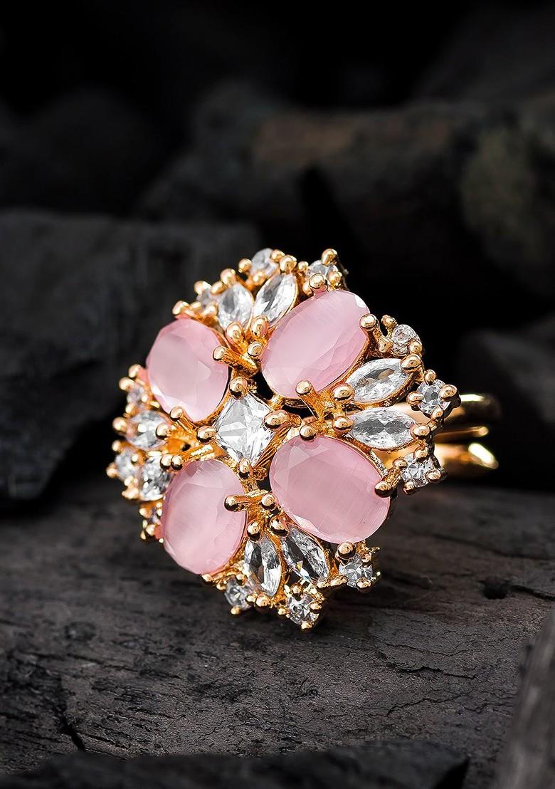 Pink And White Gold Plated Floral Adjustable Finger Ring