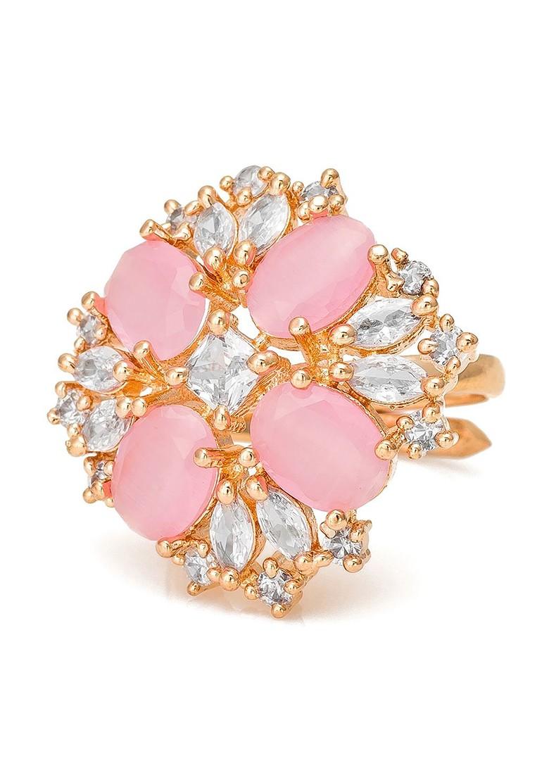 Pink And White Gold Plated Floral Adjustable Finger Ring