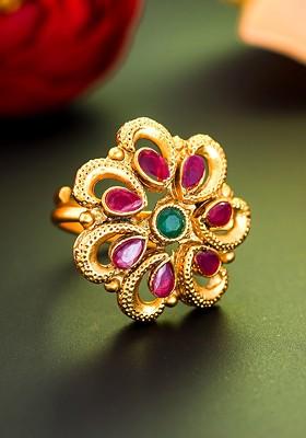 Gold Plated Green And Pink Stone Studded Adjustable Ring