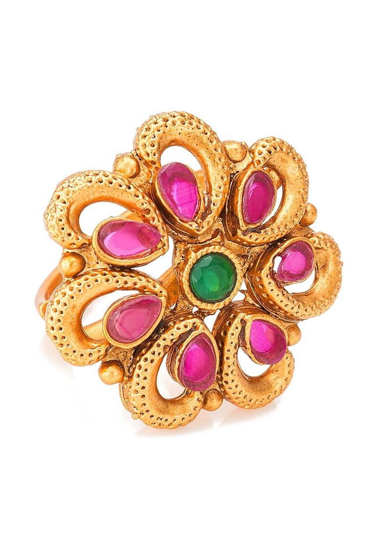 Gold Plated Green And Pink Stone Studded Adjustable Ring