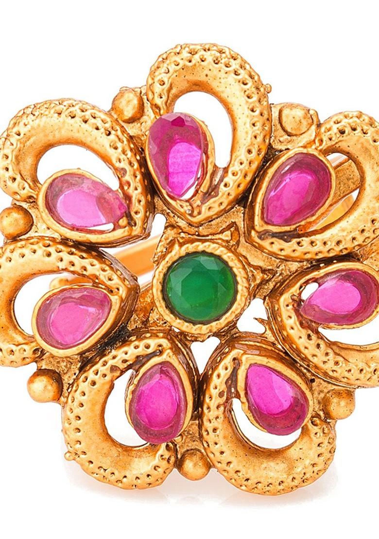 Gold Plated Green And Pink Stone Studded Adjustable Ring