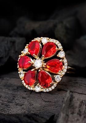 Gold Plated And Red Stone Studded Floral Ring