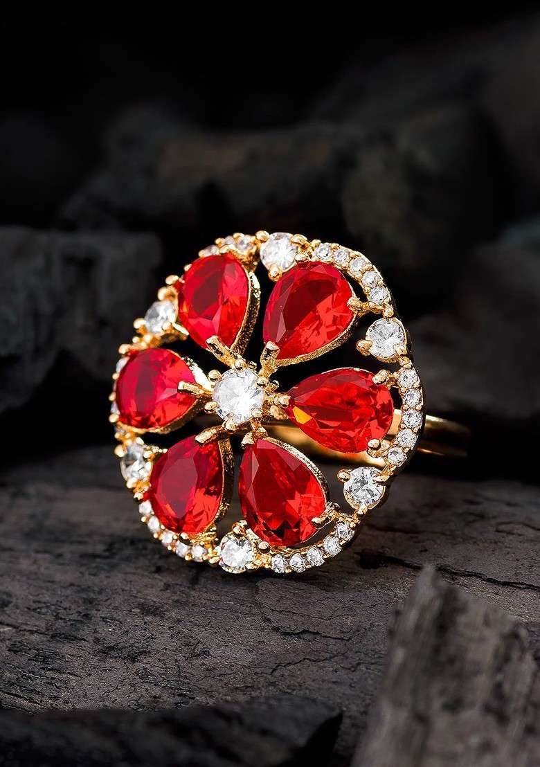 Gold Plated And Red Stone Studded Floral Ring - Indya