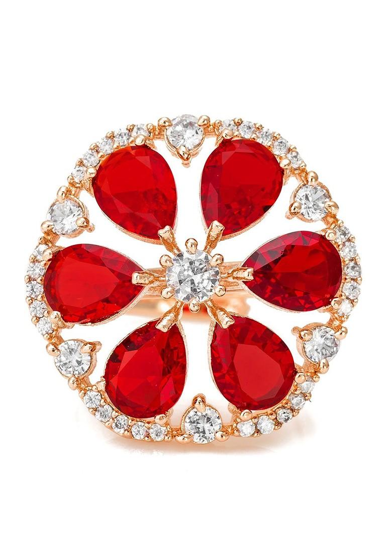 Gold Plated And Red Stone Studded Floral Ring