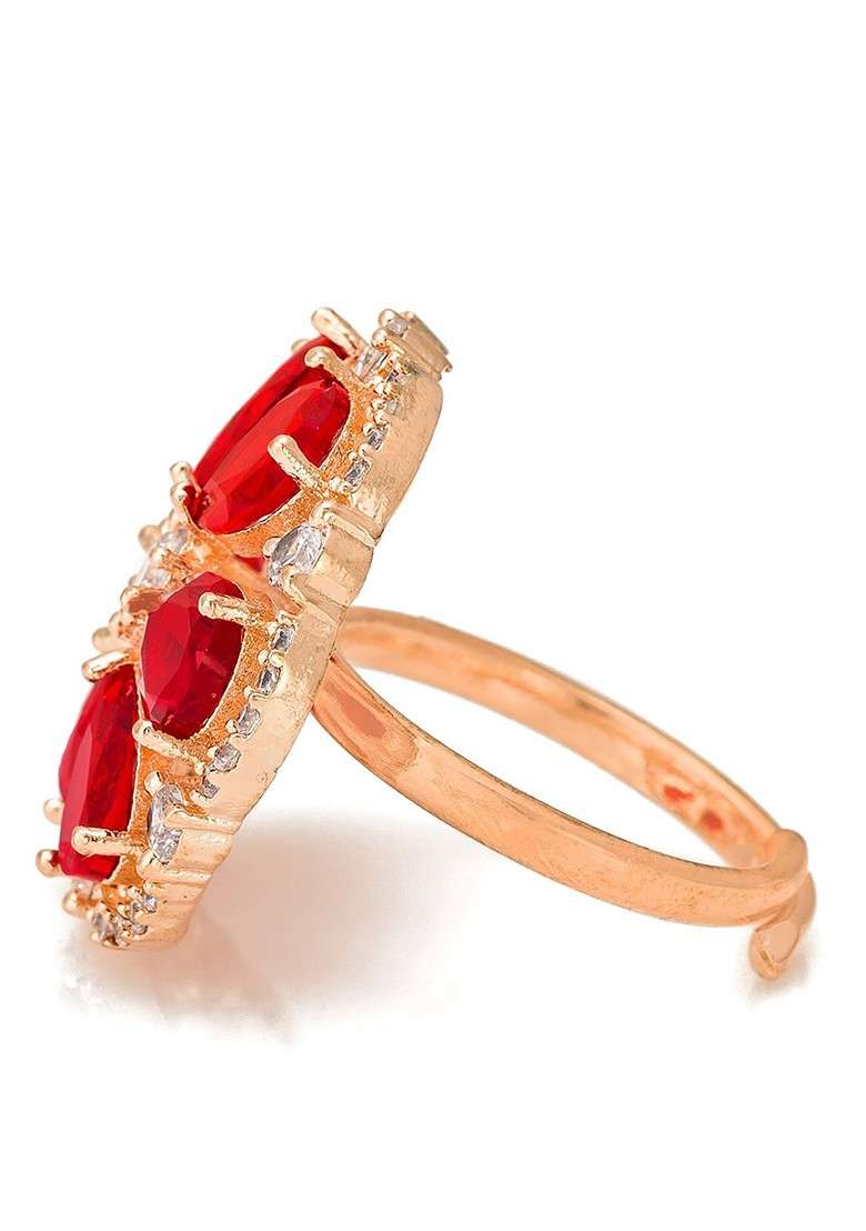 Gold Plated And Red Stone Studded Floral Ring - Indya
