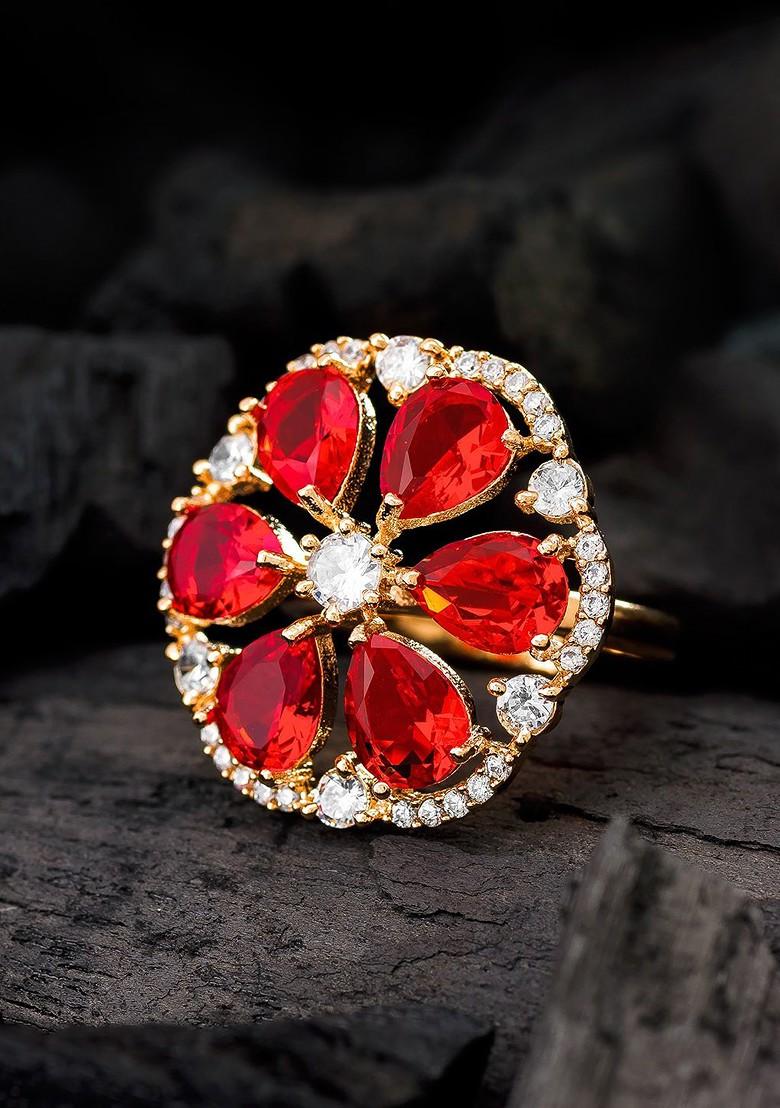 Gold Plated And Red Stone Studded Floral Ring