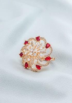 Rose Gold Plated White And Red Stones Studded And Beaded Finger Ring