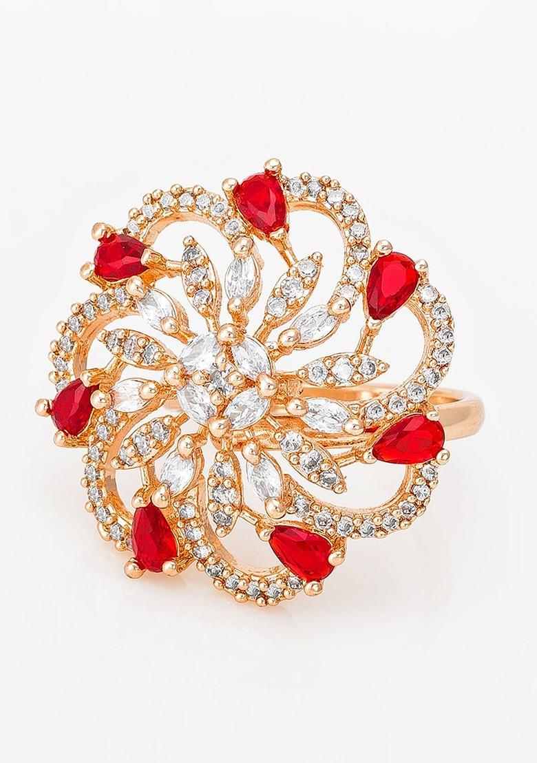 Rose Gold Plated White And Red Stones Studded And Beaded Finger Ring