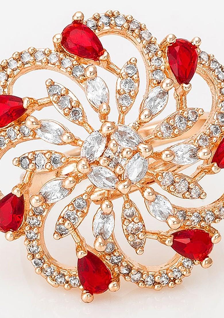 Rose Gold Plated White And Red Stones Studded And Beaded Finger Ring