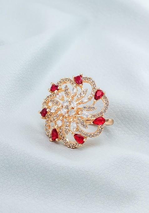 Rose Gold Plated White And Red Stones Studded And Beaded Finger Ring