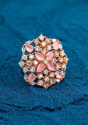 18Kt Gold Plated White And Pink Ad Studded Adjustable Finger Ring