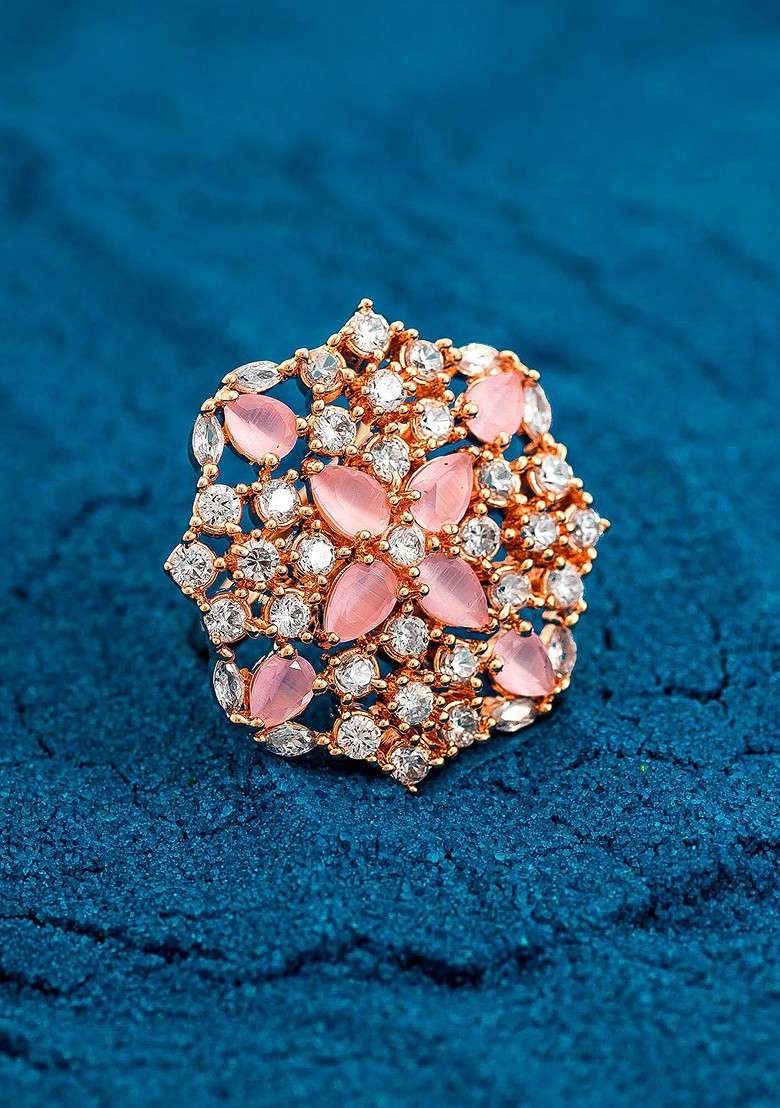 18Kt Gold Plated White And Pink Ad Studded Adjustable Finger Ring - Indya
