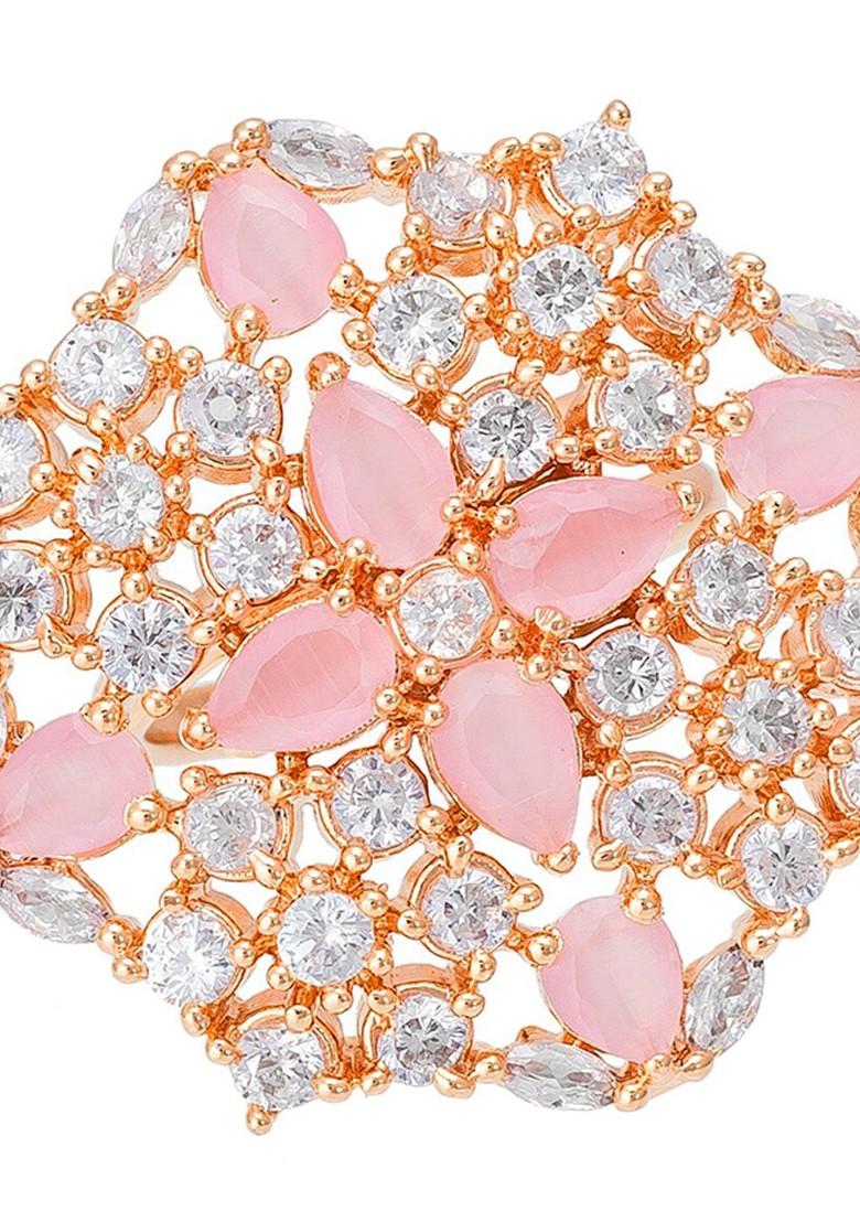 18Kt Gold Plated White And Pink Ad Studded Adjustable Finger Ring