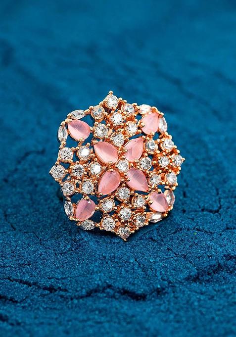 18Kt Gold Plated White And Pink Ad Studded Adjustable Finger Ring