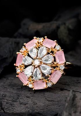 Pink And White Rose Gold Plated Floral Adjustable Finger Ring