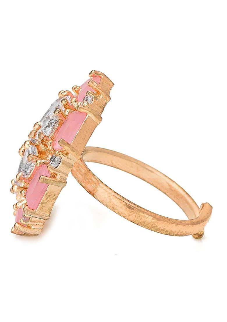 Pink And White Rose Gold Plated Floral Adjustable Finger Ring