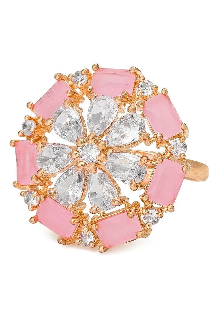 Pink And White Rose Gold Plated Floral Adjustable Finger Ring - Indya