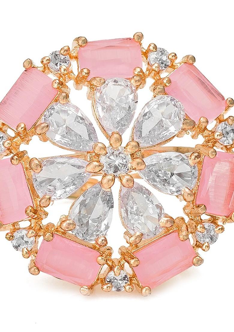 Pink And White Rose Gold Plated Floral Adjustable Finger Ring