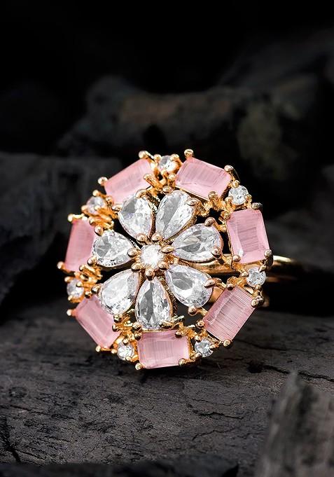 Pink And White Rose Gold Plated Floral Adjustable Finger Ring