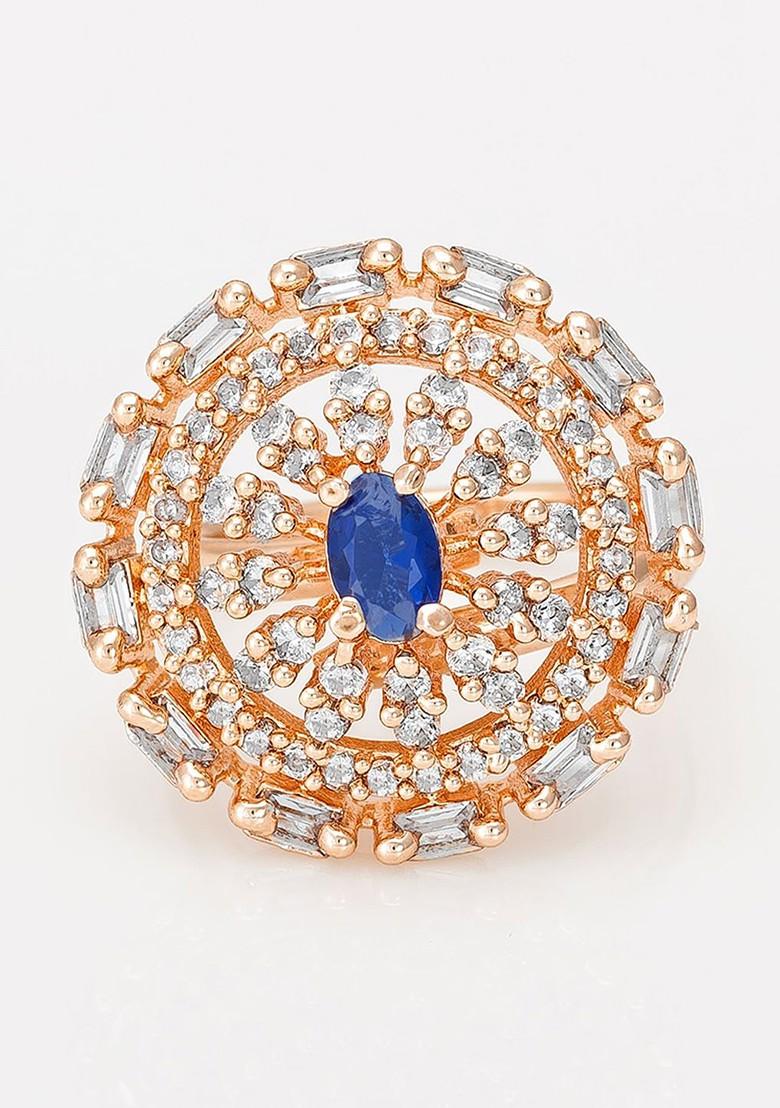 Rose Gold Plated White And Blue Stone Studded Finger Ring