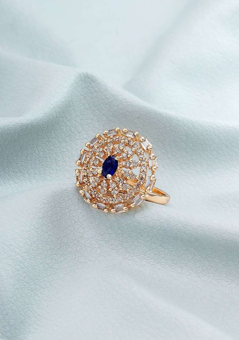 Rose Gold Plated White And Blue Stone Studded Finger Ring - Indya