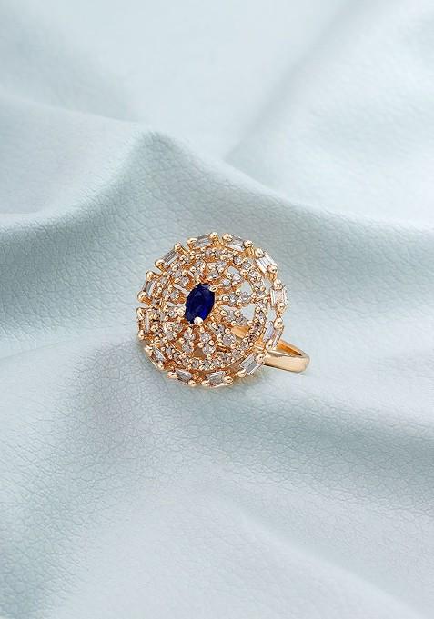 Rose Gold Plated White And Blue Stone Studded Finger Ring