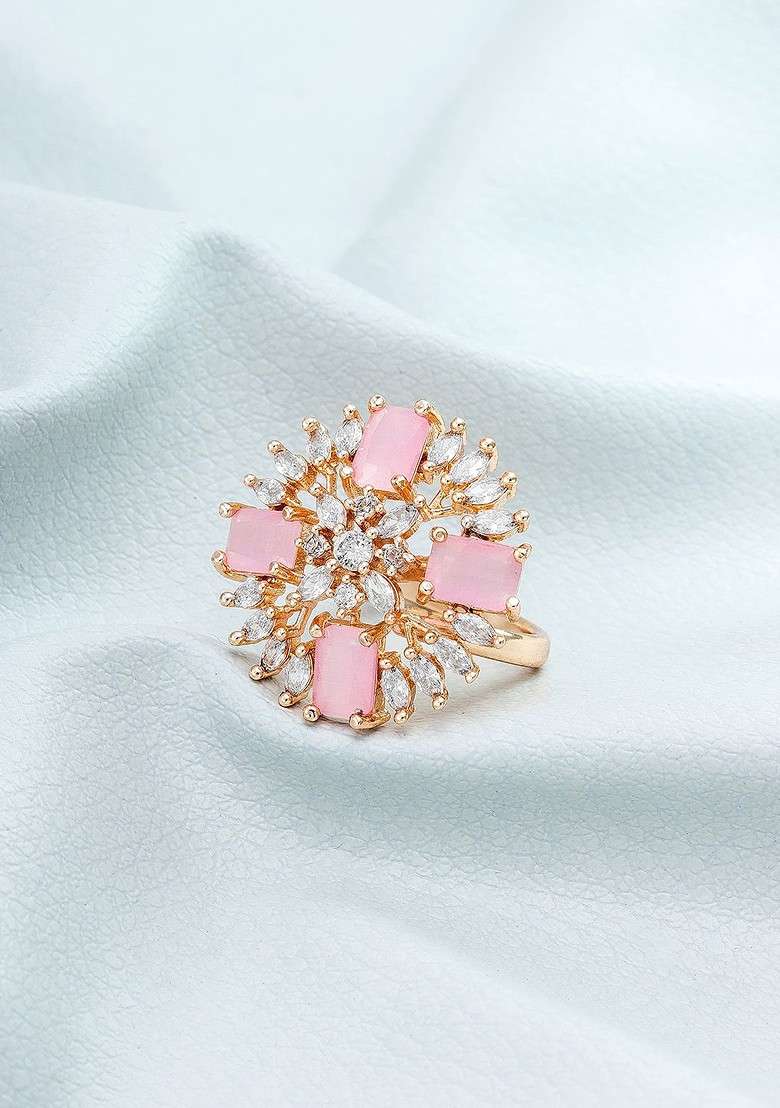 Rose Gold Plated White And Pink Stone Studded Finger Ring - Indya