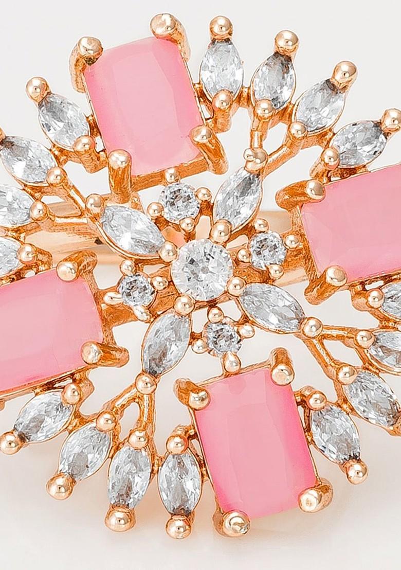 Rose Gold Plated White And Pink Stone Studded Finger Ring