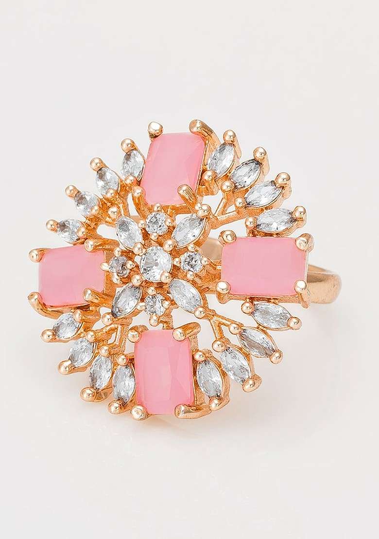 Rose Gold Plated White And Pink Stone Studded Finger Ring - Indya