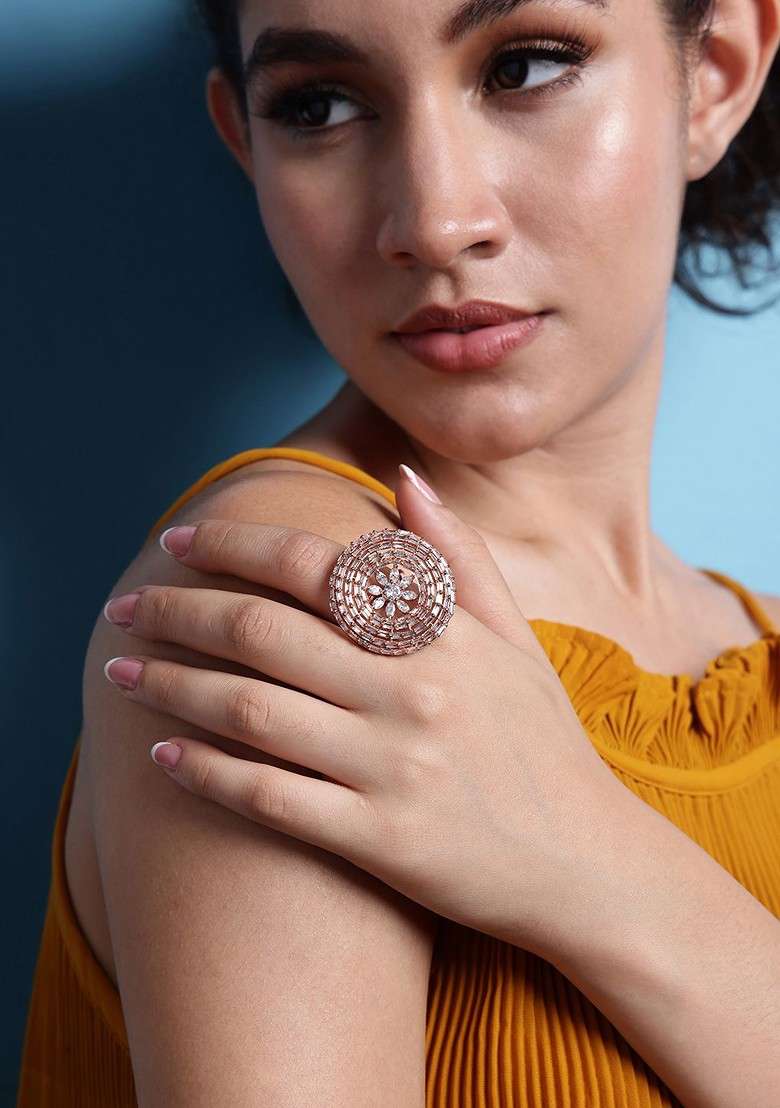 Rose Gold Plated White Stone Studded Finger Ring - Indya