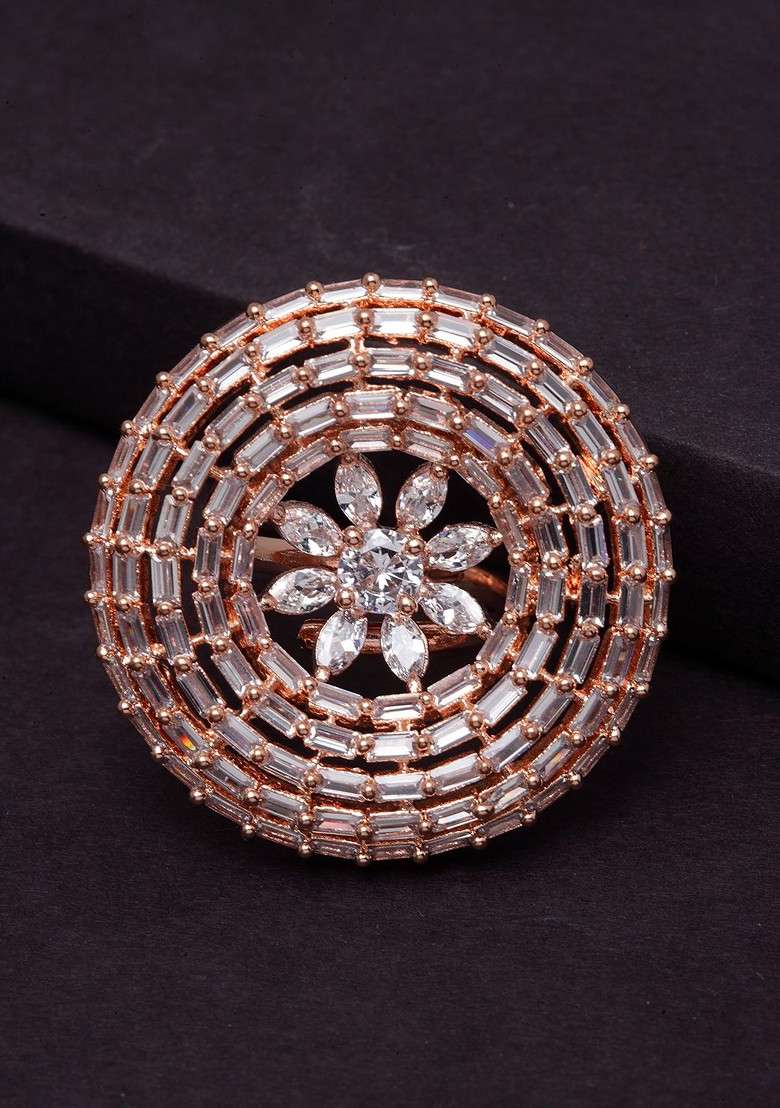 Rose Gold Plated White Stone Studded Finger Ring - Indya
