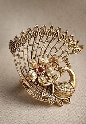 Gold Plated And Stone Studded Peacock Design Adjustable Finger Ring