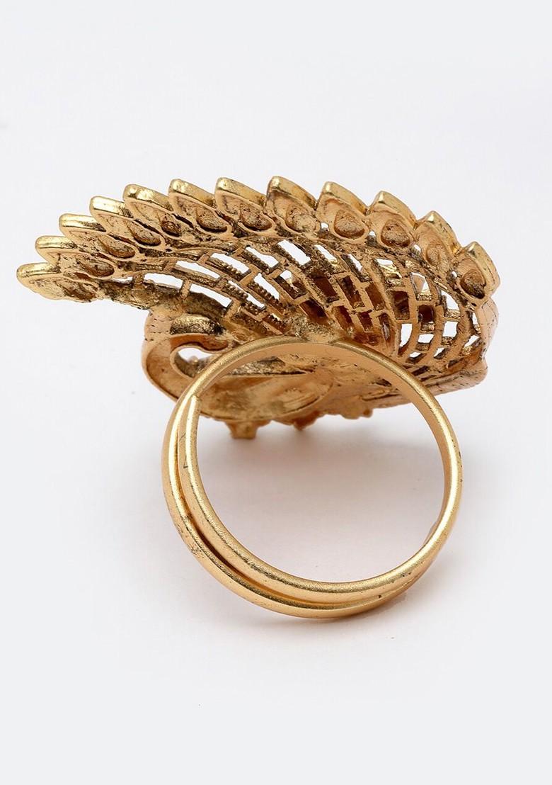 Gold Plated And Stone Studded Peacock Design Adjustable Finger Ring
