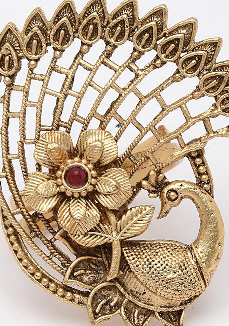 Gold Plated And Stone Studded Peacock Design Adjustable Finger Ring