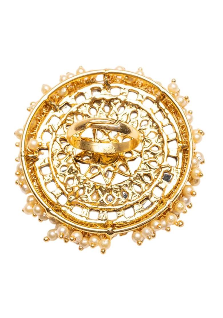 Gold Plated Kundan Studded And Beaded Finger Ring