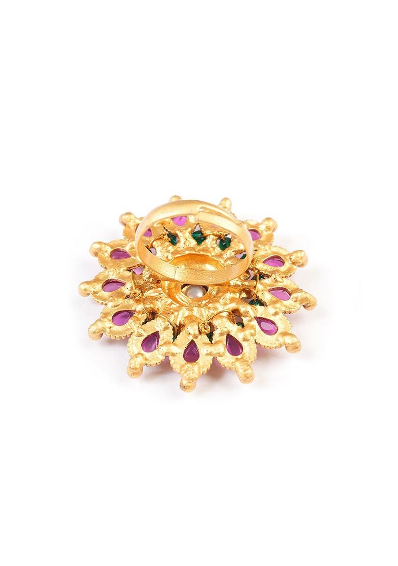 Gold Plated Kundan Studded And Beaded Square Shaped Finger Ring