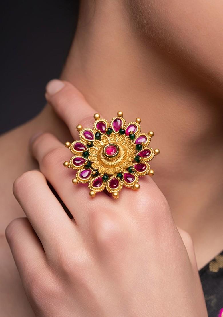 Gold Plated Kundan Studded And Beaded Square Shaped Finger Ring