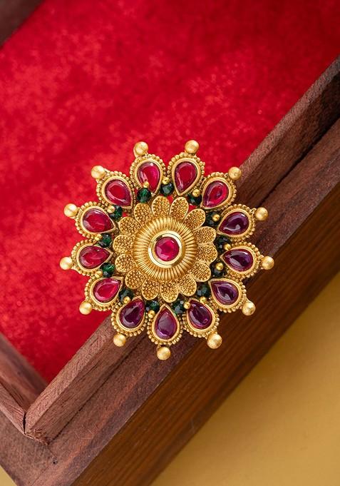 Gold Plated Kundan Studded And Beaded Square Shaped Finger Ring