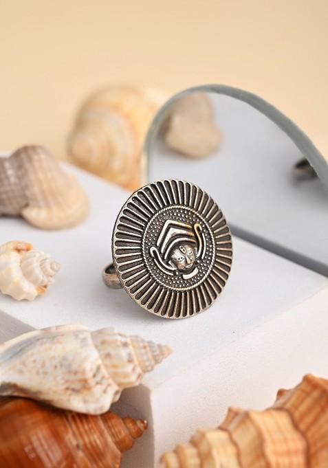 Silver Plated Oxidised Adjustable Durga Finger Ring