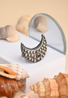 Silver Plated American Diamond Studded Crescent Moon Shaped Finger Ring