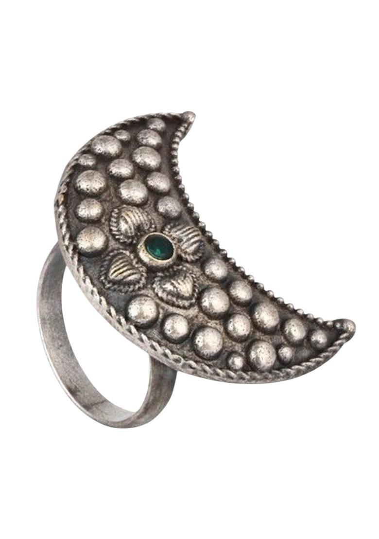 Silver Plated American Diamond Studded Crescent Moon Shaped Finger Ring