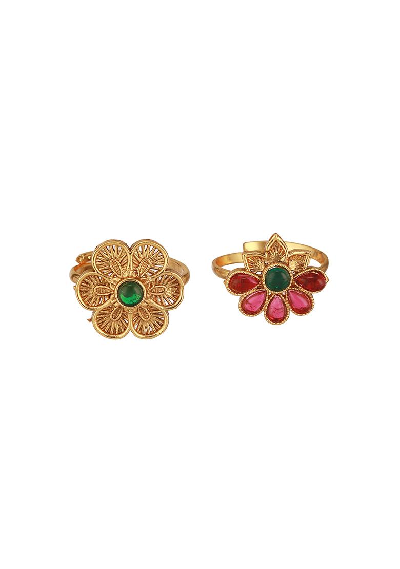 Set Of 2 Gold Plated And Stone Studded Finger Rings