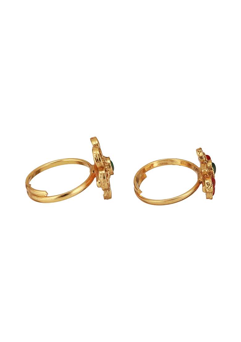 Set Of 2 Gold Plated And Stone Studded Finger Rings - Indya